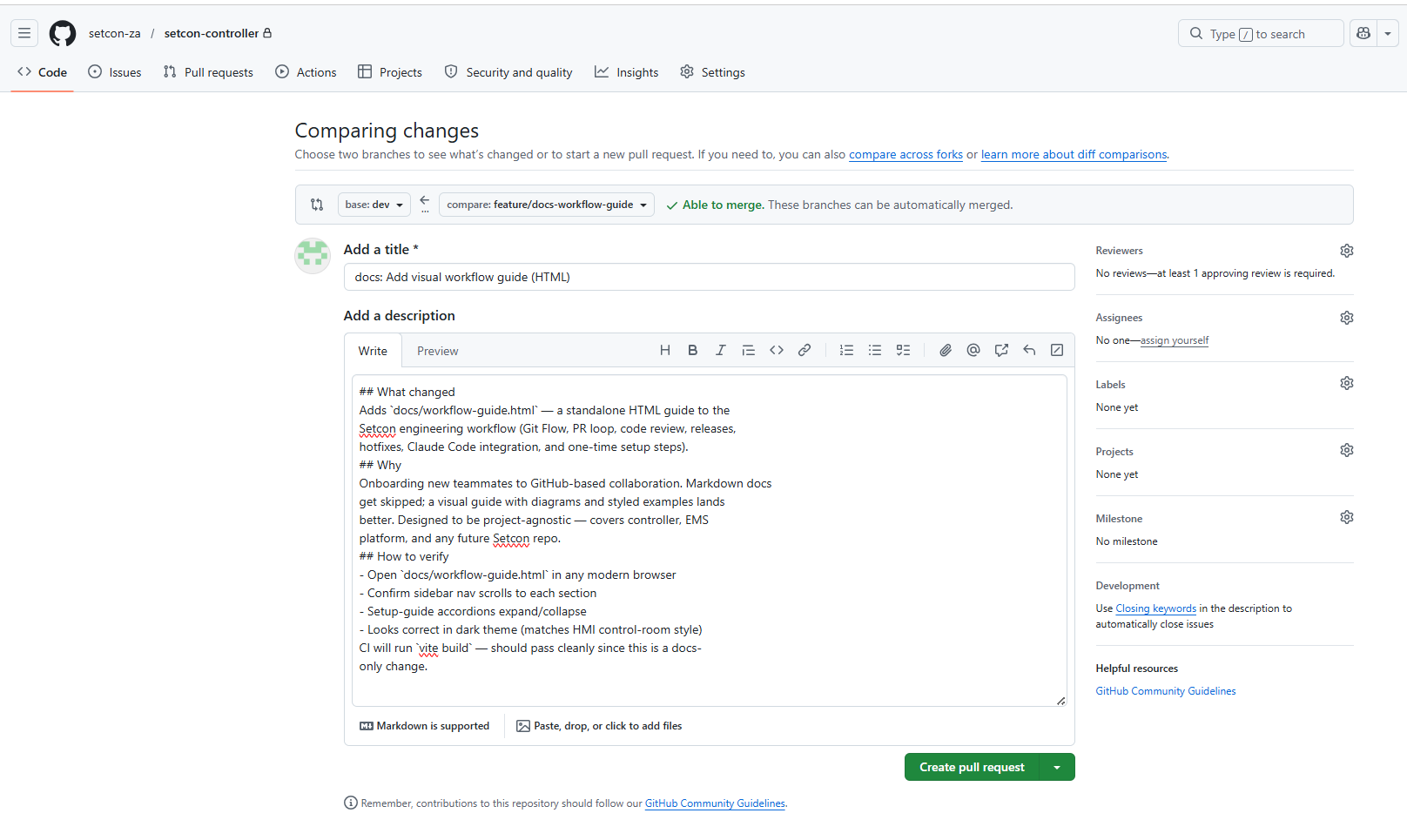 GitHub Comparing changes page showing base = dev, compare = feature branch, the title field, and the description with What changed / Why / How to verify sections