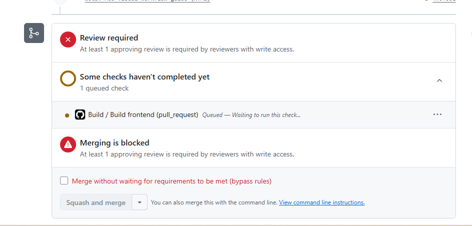GitHub PR merge box showing Review required (red X), Some checks haven't completed yet (yellow dot with queued build), Merging is blocked, the bypass checkbox, and the greyed-out Squash and merge button