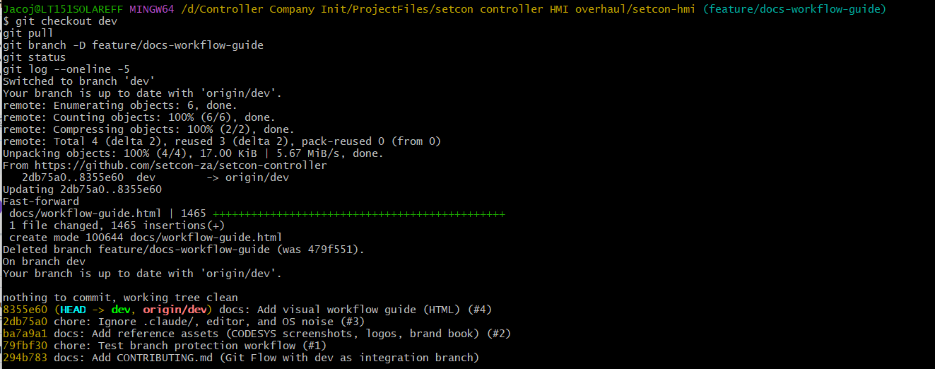 Git Bash terminal showing checkout dev, pull fast-forwarding to the new merge, branch deletion, clean working tree, and a git log oneline showing the last 5 commits in conventional-commit format